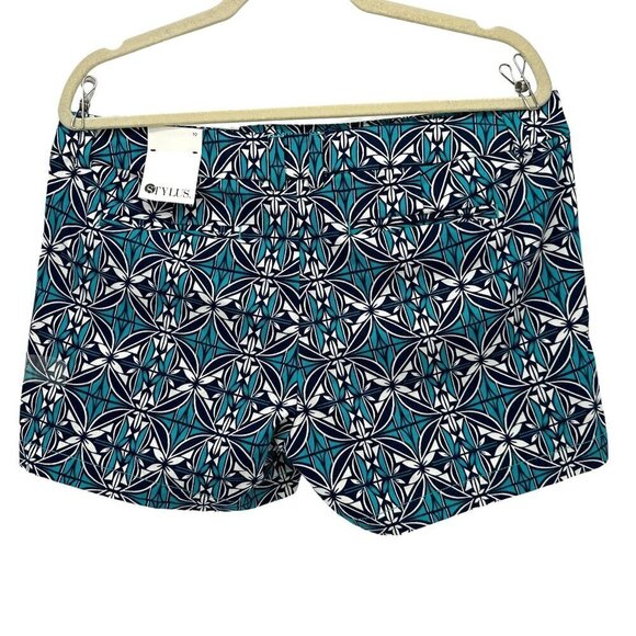NWT Stylus Island Teal Geometric Retro Flat Front Shorts Womens 10 - Picture 3 of 8